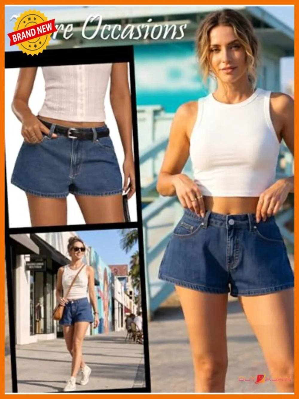 Low Rise Baggy Jean Shorts - High Stretch Denim Mini Jorts with Leather Patch